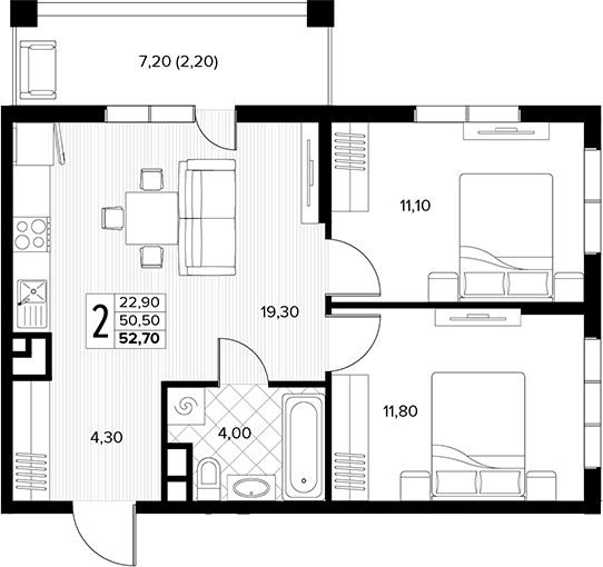 2-комн., 50.5 м², 6/7 этаж, ЖК «Кипарис»