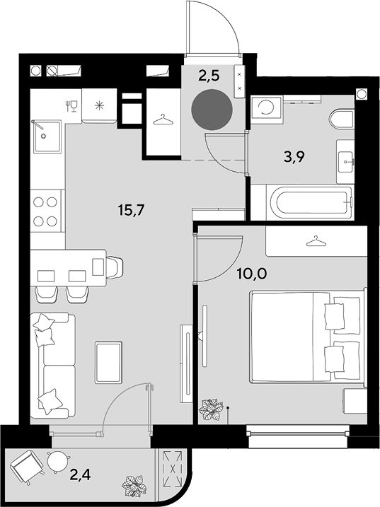 2-комн., 32.1 м², 5/9 этаж, ЖК «Грейд»