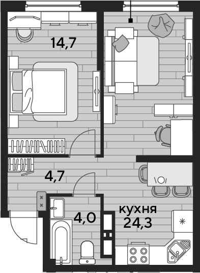 1-комн., 47.7 м², 11/16 этаж, ЖК «DОГМА ПАРК»