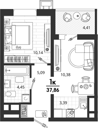 1-комн., 33.45 м², 9/18 этаж, ЖК «Родные Просторы»