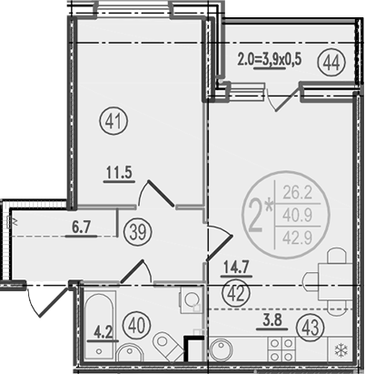 2-комн., 40.9 м², 1/9 этаж, ЖК «Спортивная деревня»