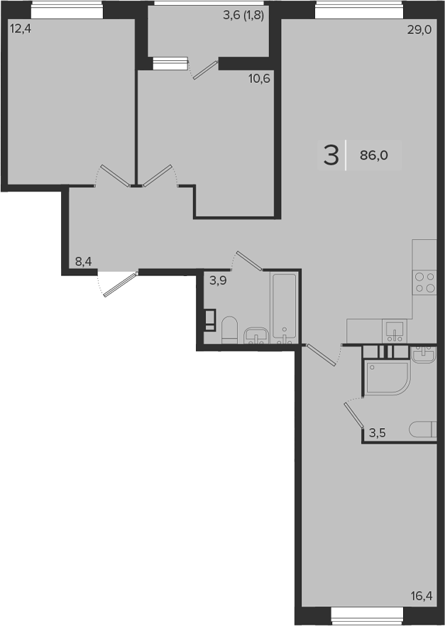 3-комн., 84.2 м², 7/18 этаж, ЖК «Эрмитаж»