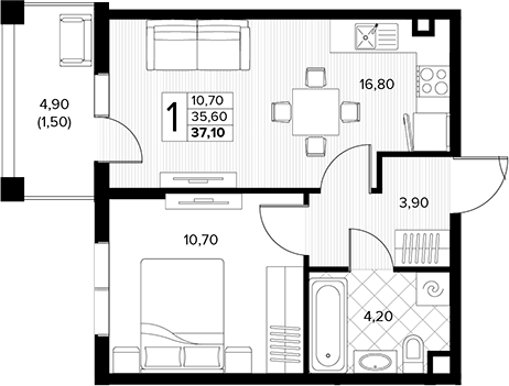 1-комн., 35.6 м², 1/6 этаж, ЖК «Кипарис»