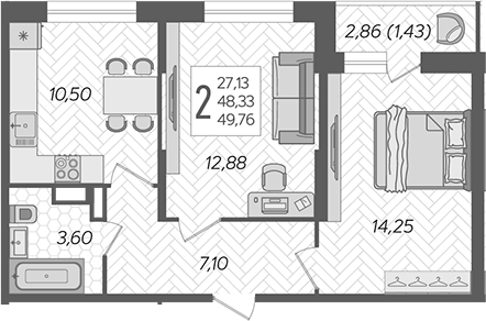 2-комн., 48.33 м², 15/16 этаж, ЖК «Смородина»