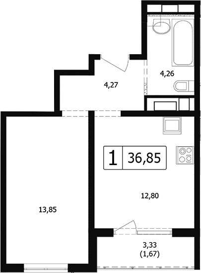 Продается 1-комн. квартира, 33.53 м²
