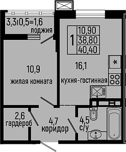 1-комн., 38.8 м², 7/11 этаж, ЖК «Звезды»