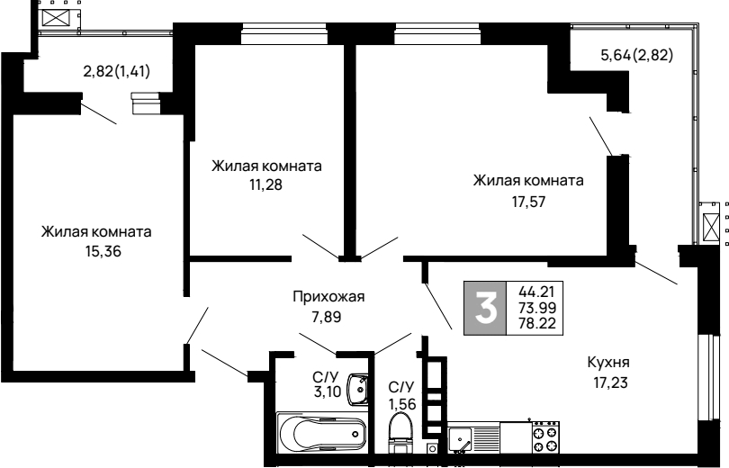 3-комн., 73.99 м², 6/13 этаж, ЖК «Долина»