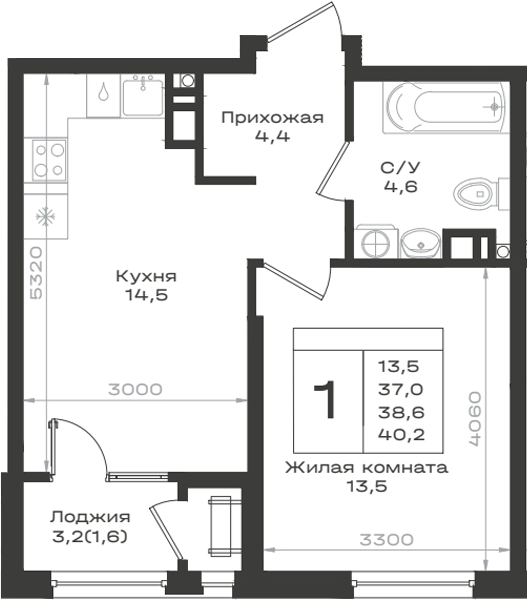 1-комн., 37 м², 3/9 этаж, ЖК «Нагория»