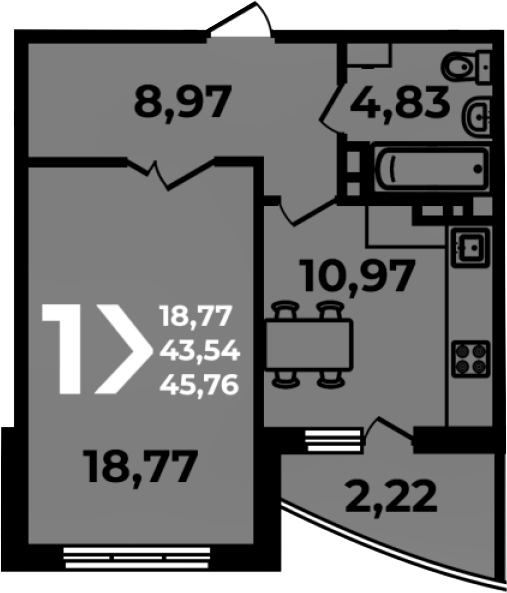 1-комн., 43.54 м², 5/19 этаж, ЖК «Аксиома»