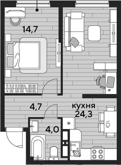 1-комн., 47.7 м², 10/16 этаж, ЖК «DОГМА ПАРК»