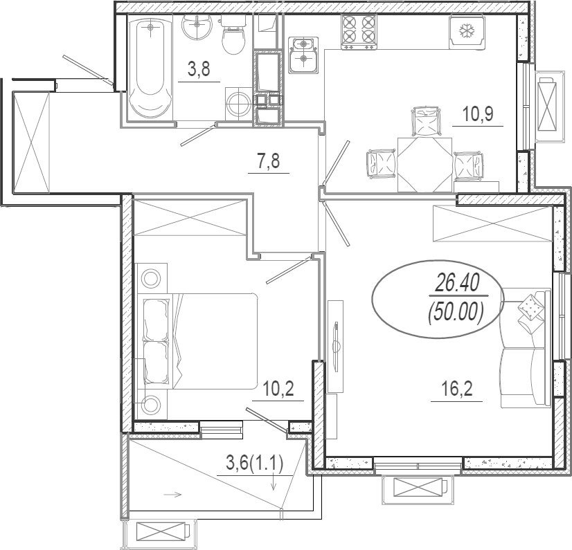 2-комн., 48.9 м², 9/15 этаж, ЖК «Микрорайон Южане»
