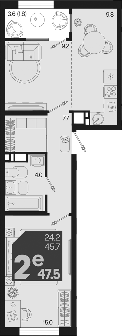 2-комн., 45.7 м², 6/18 этаж, ЖК «Первое место»