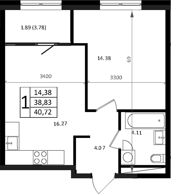 2-комн., 40.72 м², 12/16 этаж, ЖК «Патрики»