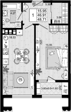 1-комн., 46.91 м², 8/8 этаж, ЖК «Резиденция морей»