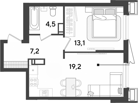2-комн., 44 м², 13/18 этаж, ЖК «Парк Победы»