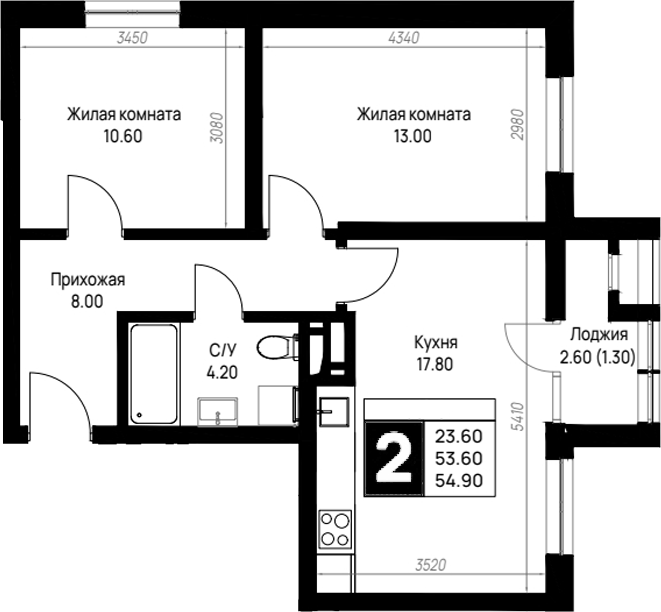 2-комн., 53.6 м², 5/9 этаж, ЖК «На высоком берегу»