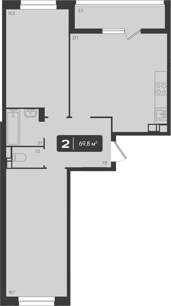 2-комн., 67.5 м², 7/9 этаж, ЖК «Архитектор. ГК ЮгСтройИнвест»