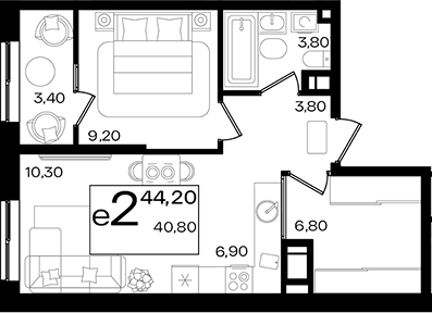 2-комн., 40.8 м², 2/18 этаж, ЖК «Патрики»