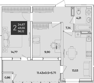 2-комн., 50.41 м², 11/18 этаж, ЖК «Образцово»