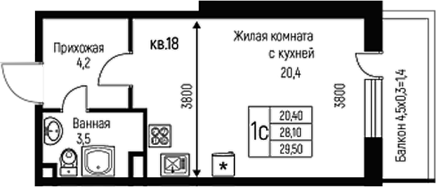 Студия, 28.1 м², 1/3 этаж, ЖК «Nova Vita»