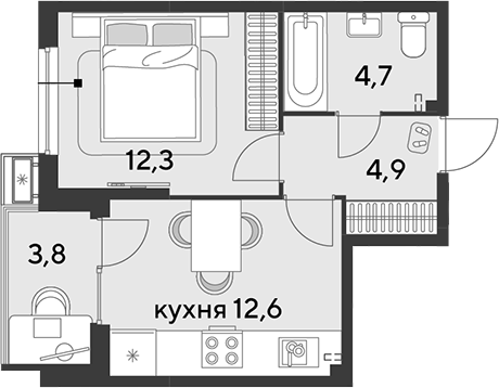 1-комн., 34.5 м², 2/9 этаж, ЖК «Парк Победы»