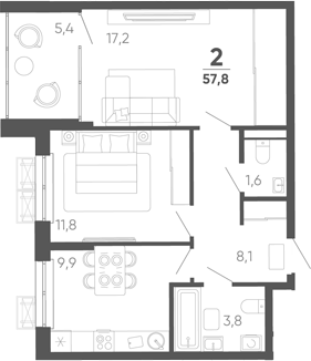 2-комн., 52.4 м², 8/15 этаж, ЖК «Барса»