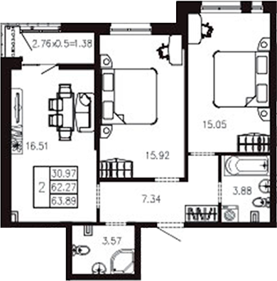 2-комн., 62.28 м², 2/9 этаж, ЖК «Суворов»