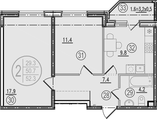 2-комн., 50.7 м², 1/9 этаж, ЖК «Спортивная деревня»