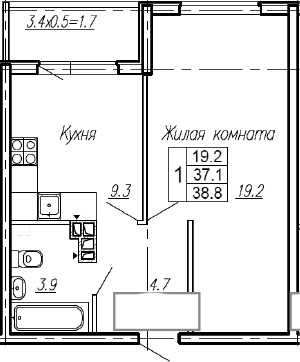 1-комн., 37.1 м², 1/4 этаж, ЖК «Эво»