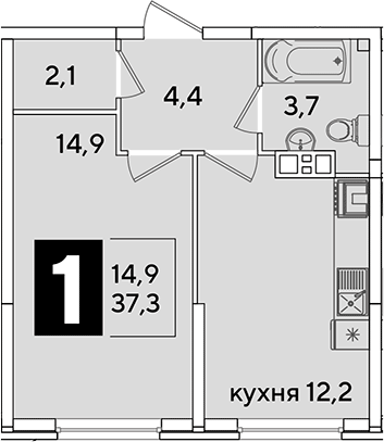 1-комн., 37.3 м², 9/16 этаж, ЖК «Самолет»