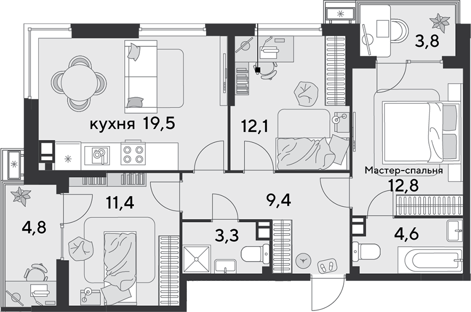 4+ комнаты, 73.1 м², 5/9 этаж, ЖК «Парк Победы»