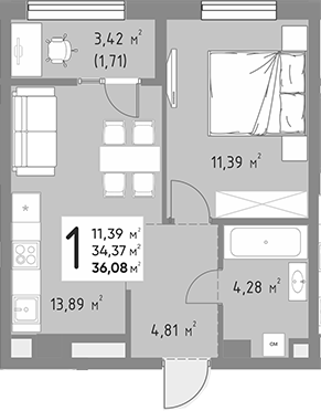 1-комн., 34.37 м², 7/9 этаж, ЖК «Коллекция»