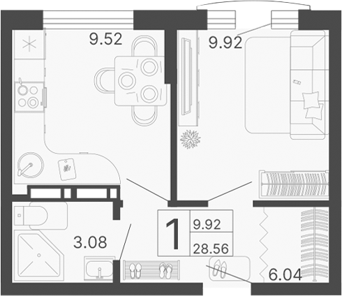 1-комн., 28.56 м², 12/20 этаж, ЖК «Светский лес»