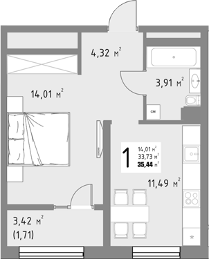 1-комн., 33.73 м², 3/9 этаж, ЖК «Коллекция»