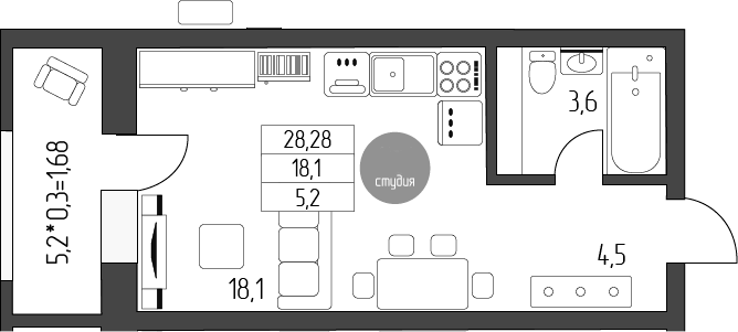 Студия, 26.6 м², 4/5 этаж, ЖК «Лермонтов»