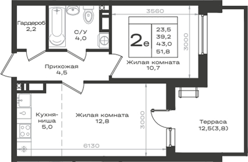 2-комн., 39.2 м², 14/14 этаж, ЖК «Нагория»