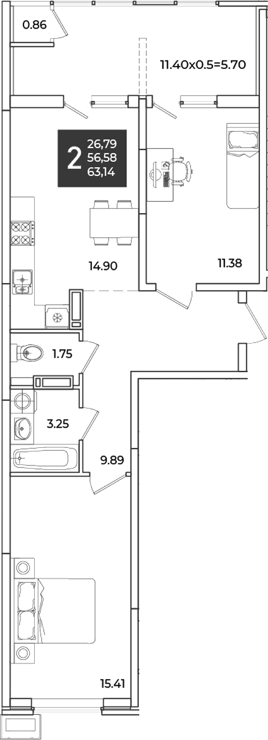 2-комн., 56.58 м², 16/18 этаж, ЖК «Образцово»