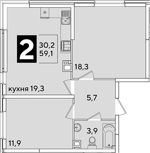 3-комн., 59.1 м², 7/16 этаж, ЖК «Самолет»