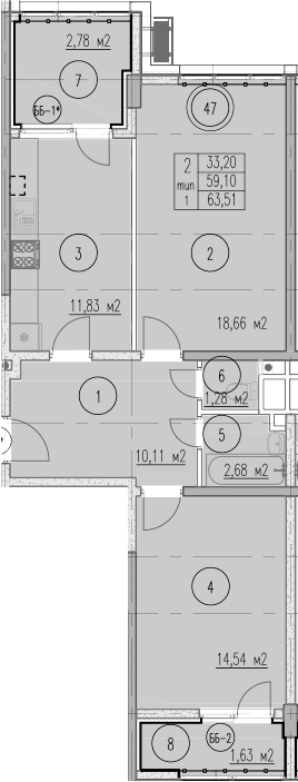 2-комн., 59.1 м², 7/9 этаж, ЖК «Agoy Park Residence by Lavicon»