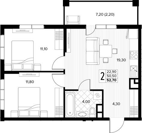 Продается 2-комн. квартира, 50.5 м²