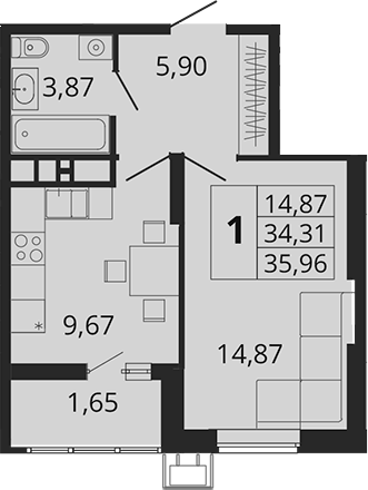 1-комн., 34.31 м², 3/18 этаж, ЖК «Родные Просторы»
