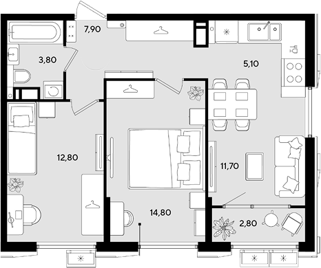 3-комн., 56.1 м², 18/18 этаж, ЖК «Порто-Ново»