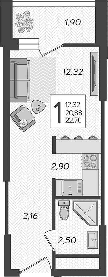 Студия, 20.88 м², 19/19 этаж, ЖК «Кислород»