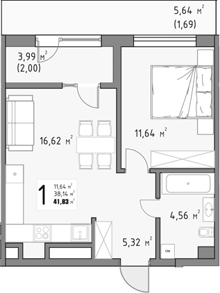 1-комн., 38.14 м², 3/15 этаж, ЖК «Коллекция»
