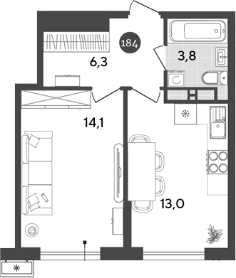 1-комн., 37.2 м², 12/18 этаж, ЖК «Порто-Ново»
