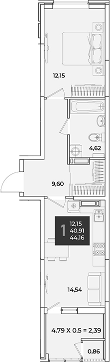 1-комн., 41.77 м², 12/18 этаж, ЖК «Образцово»