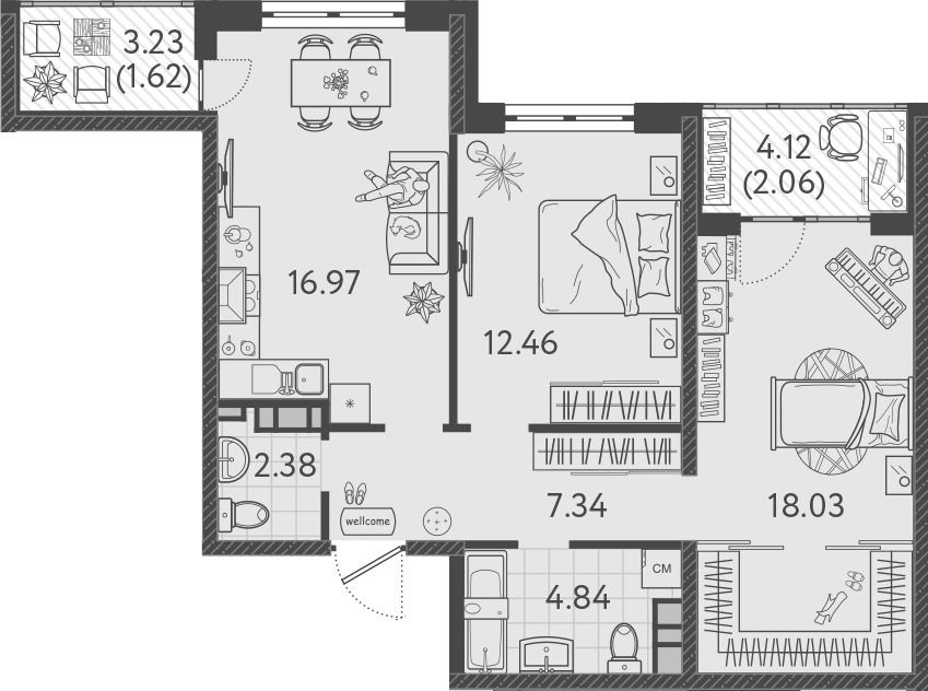 3-комн., 62.02 м², 2/9 этаж, ЖК «Друзья»