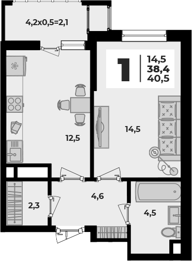 1-комн., 38.4 м², 5/8 этаж, ЖК «Родной дом 5»