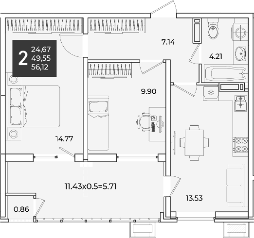 2-комн., 49.55 м², 16/18 этаж, ЖК «Образцово»