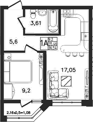 2-комн., 35.46 м², 13/16 этаж, ЖК «Яблоневый»